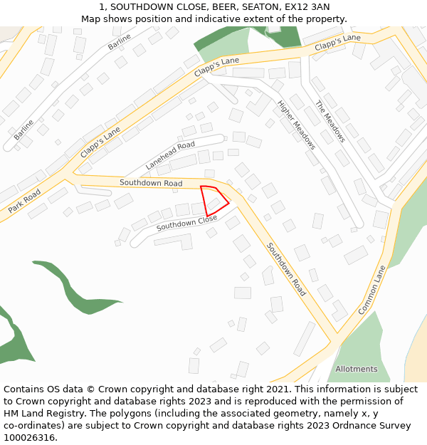 1, SOUTHDOWN CLOSE, BEER, SEATON, EX12 3AN: Location map and indicative extent of plot