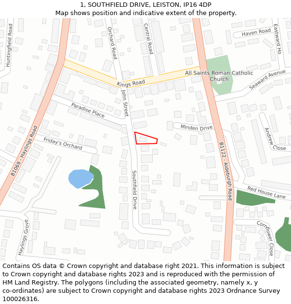 1, SOUTHFIELD DRIVE, LEISTON, IP16 4DP: Location map and indicative extent of plot