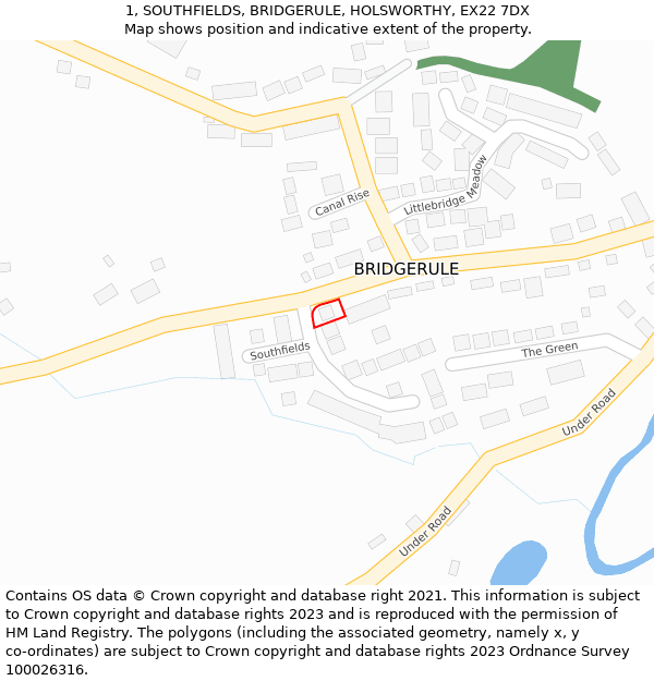 1, SOUTHFIELDS, BRIDGERULE, HOLSWORTHY, EX22 7DX: Location map and indicative extent of plot