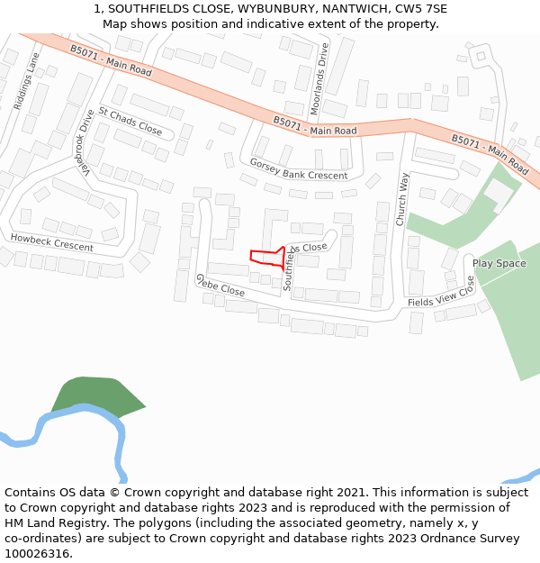 1, SOUTHFIELDS CLOSE, WYBUNBURY, NANTWICH, CW5 7SE: Location map and indicative extent of plot