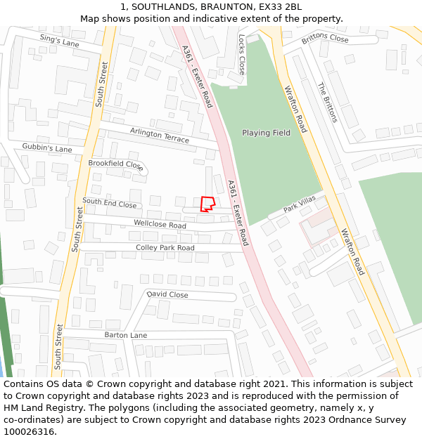 1, SOUTHLANDS, BRAUNTON, EX33 2BL: Location map and indicative extent of plot