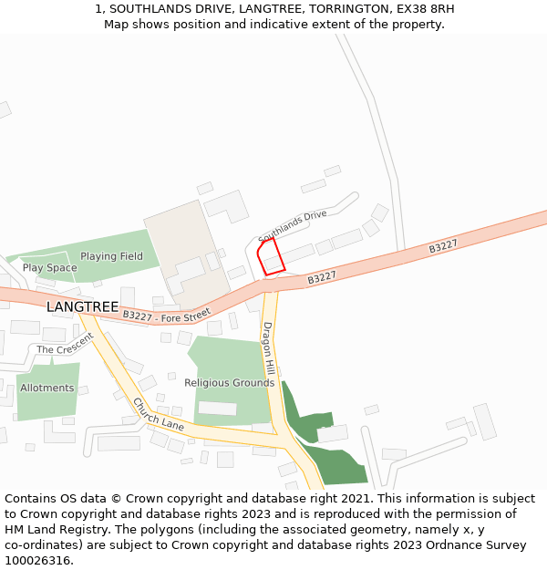 1, SOUTHLANDS DRIVE, LANGTREE, TORRINGTON, EX38 8RH: Location map and indicative extent of plot