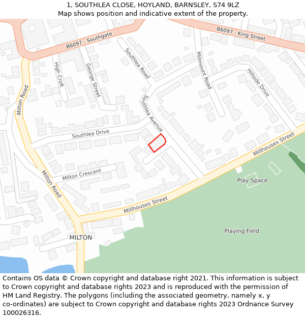 1, SOUTHLEA CLOSE, HOYLAND, BARNSLEY, S74 9LZ: Location map and indicative extent of plot