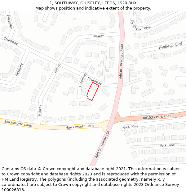 1, SOUTHWAY, GUISELEY, LEEDS, LS20 8HX: Location map and indicative extent of plot