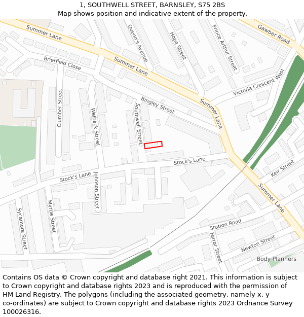 1, SOUTHWELL STREET, BARNSLEY, S75 2BS: Location map and indicative extent of plot