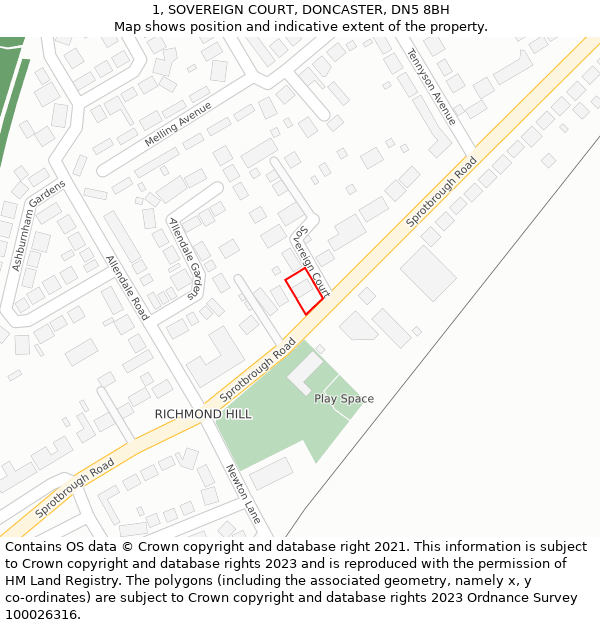 1, SOVEREIGN COURT, DONCASTER, DN5 8BH: Location map and indicative extent of plot