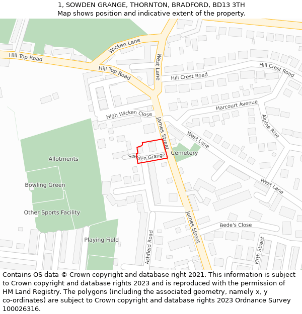 1, SOWDEN GRANGE, THORNTON, BRADFORD, BD13 3TH: Location map and indicative extent of plot