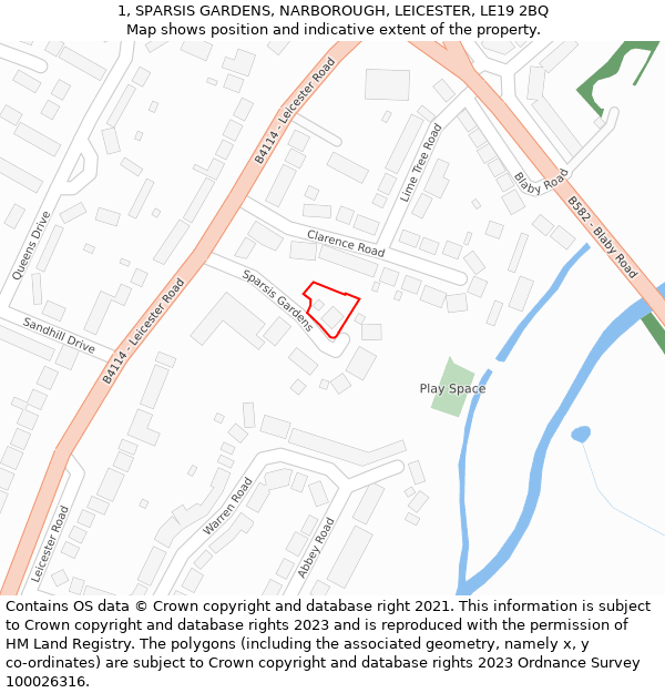 1, SPARSIS GARDENS, NARBOROUGH, LEICESTER, LE19 2BQ: Location map and indicative extent of plot