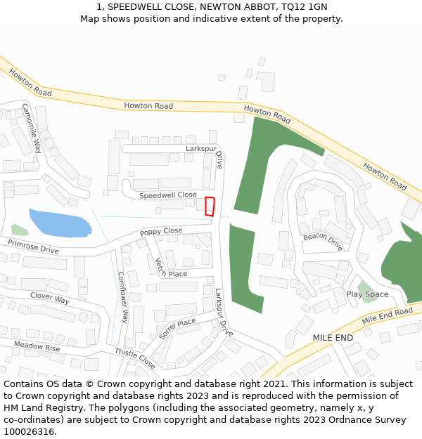 1, SPEEDWELL CLOSE, NEWTON ABBOT, TQ12 1GN: Location map and indicative extent of plot