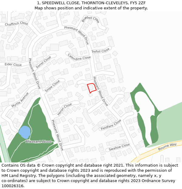 1, SPEEDWELL CLOSE, THORNTON-CLEVELEYS, FY5 2ZF: Location map and indicative extent of plot