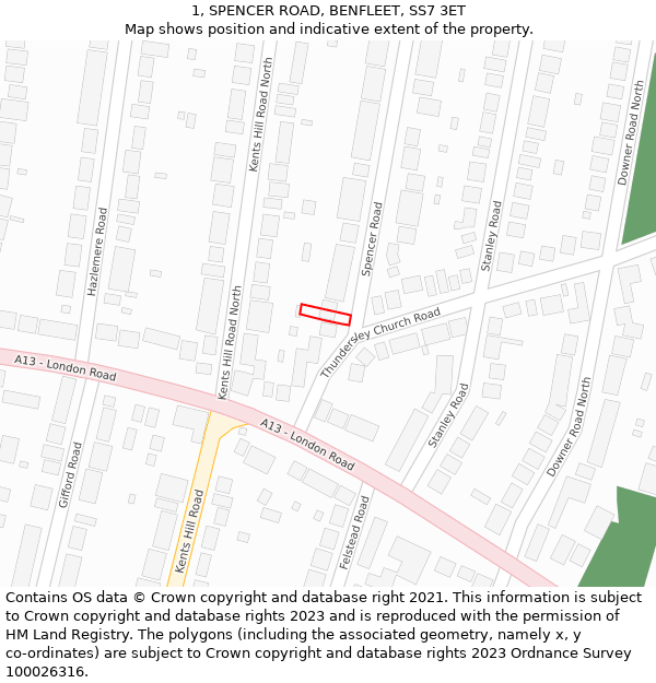 1, SPENCER ROAD, BENFLEET, SS7 3ET: Location map and indicative extent of plot