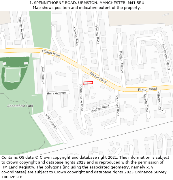 1, SPENNITHORNE ROAD, URMSTON, MANCHESTER, M41 5BU: Location map and indicative extent of plot