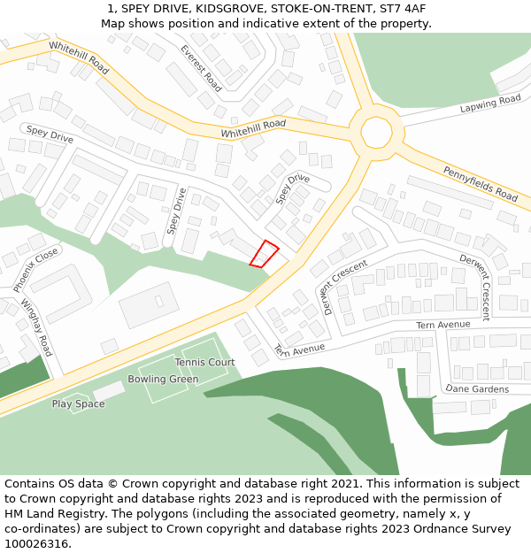 1, SPEY DRIVE, KIDSGROVE, STOKE-ON-TRENT, ST7 4AF: Location map and indicative extent of plot
