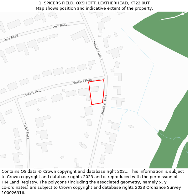1, SPICERS FIELD, OXSHOTT, LEATHERHEAD, KT22 0UT: Location map and indicative extent of plot