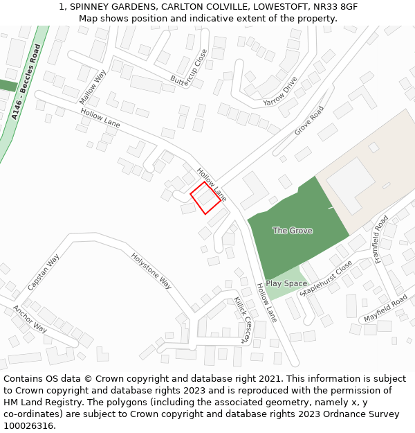 1, SPINNEY GARDENS, CARLTON COLVILLE, LOWESTOFT, NR33 8GF: Location map and indicative extent of plot