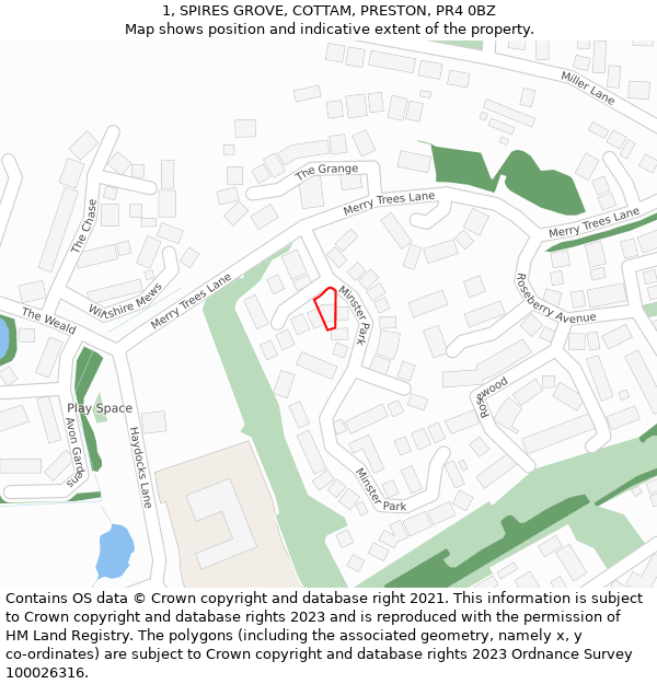 1, SPIRES GROVE, COTTAM, PRESTON, PR4 0BZ: Location map and indicative extent of plot