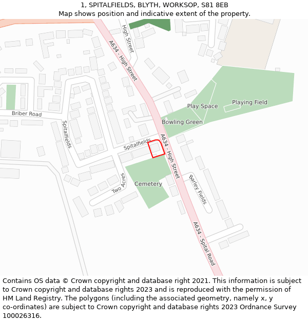 1, SPITALFIELDS, BLYTH, WORKSOP, S81 8EB: Location map and indicative extent of plot