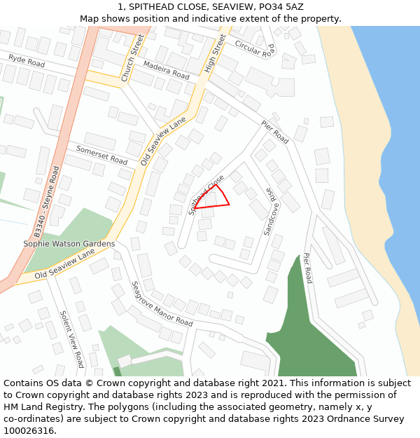 1, SPITHEAD CLOSE, SEAVIEW, PO34 5AZ: Location map and indicative extent of plot