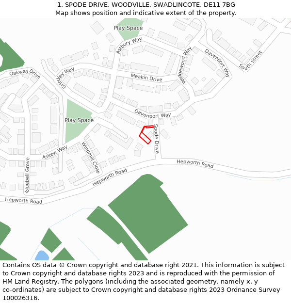 1, SPODE DRIVE, WOODVILLE, SWADLINCOTE, DE11 7BG: Location map and indicative extent of plot