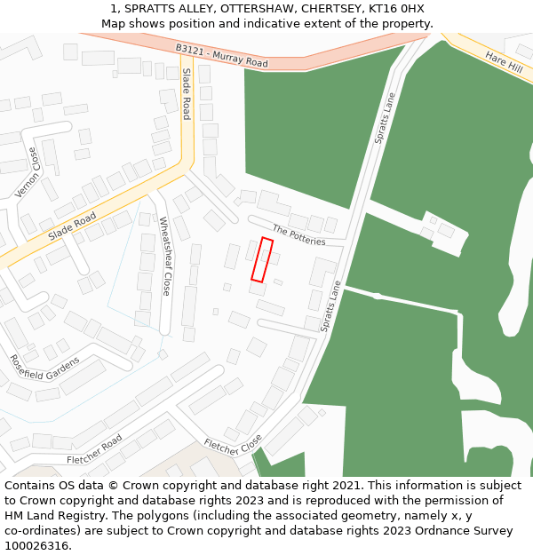 1, SPRATTS ALLEY, OTTERSHAW, CHERTSEY, KT16 0HX: Location map and indicative extent of plot