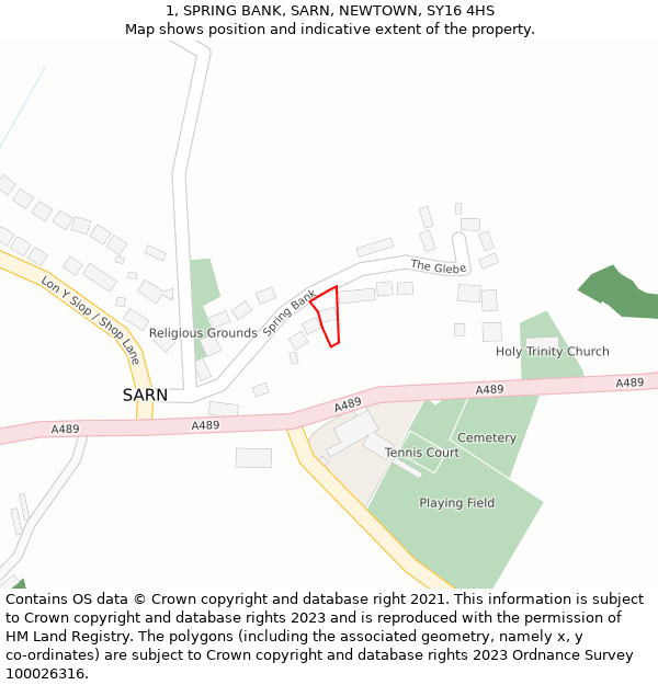 1, SPRING BANK, SARN, NEWTOWN, SY16 4HS: Location map and indicative extent of plot