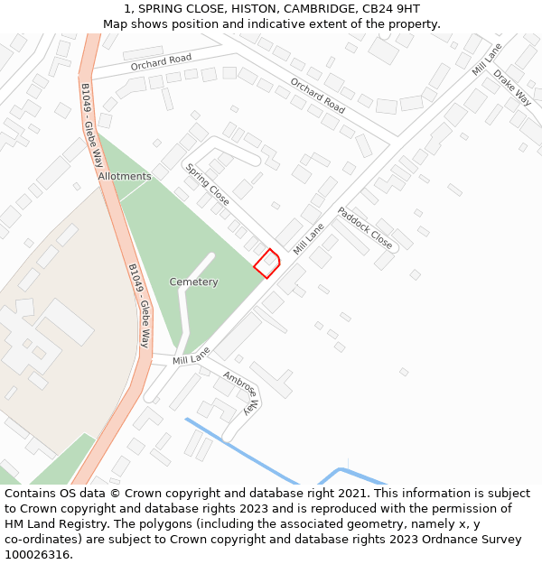 1, SPRING CLOSE, HISTON, CAMBRIDGE, CB24 9HT: Location map and indicative extent of plot