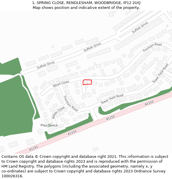 1, SPRING CLOSE, RENDLESHAM, WOODBRIDGE, IP12 2UQ: Location map and indicative extent of plot