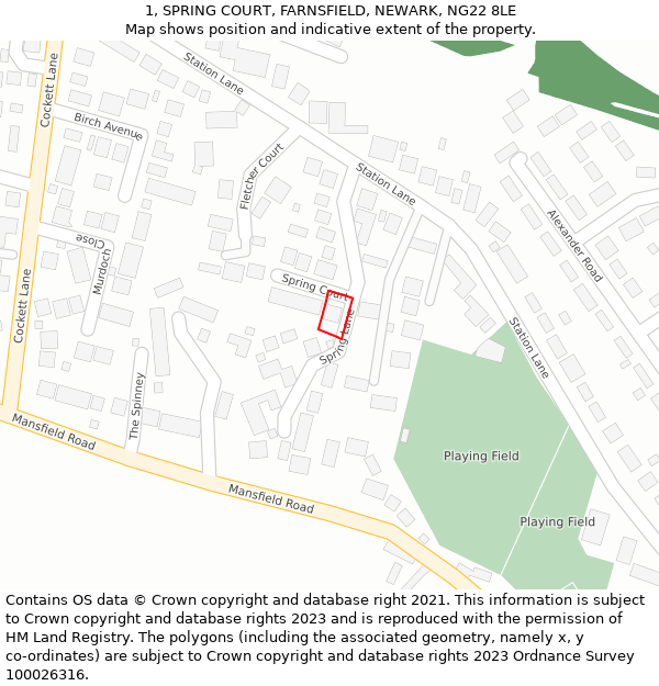 1, SPRING COURT, FARNSFIELD, NEWARK, NG22 8LE: Location map and indicative extent of plot