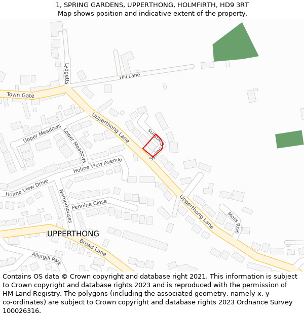 1, SPRING GARDENS, UPPERTHONG, HOLMFIRTH, HD9 3RT: Location map and indicative extent of plot