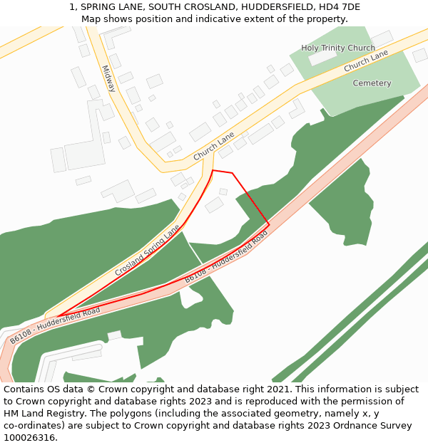 1, SPRING LANE, SOUTH CROSLAND, HUDDERSFIELD, HD4 7DE: Location map and indicative extent of plot