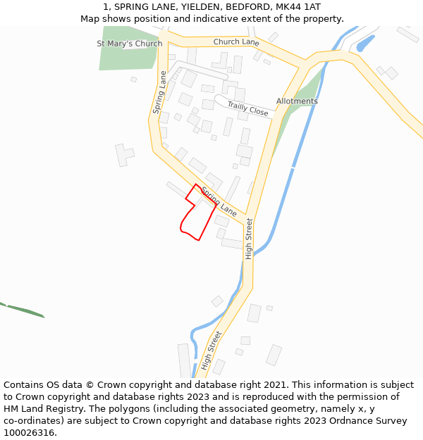 1, SPRING LANE, YIELDEN, BEDFORD, MK44 1AT: Location map and indicative extent of plot