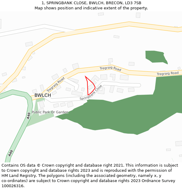 1, SPRINGBANK CLOSE, BWLCH, BRECON, LD3 7SB: Location map and indicative extent of plot