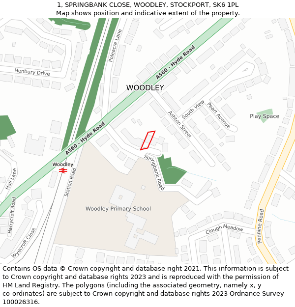 1, SPRINGBANK CLOSE, WOODLEY, STOCKPORT, SK6 1PL: Location map and indicative extent of plot