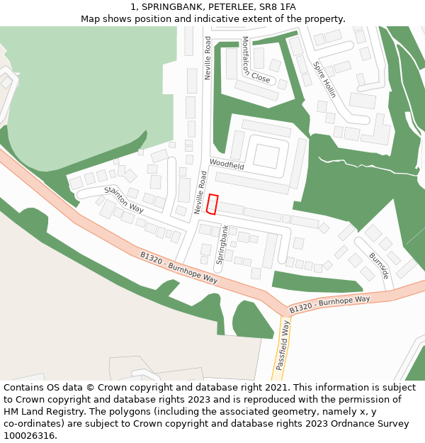 1, SPRINGBANK, PETERLEE, SR8 1FA: Location map and indicative extent of plot