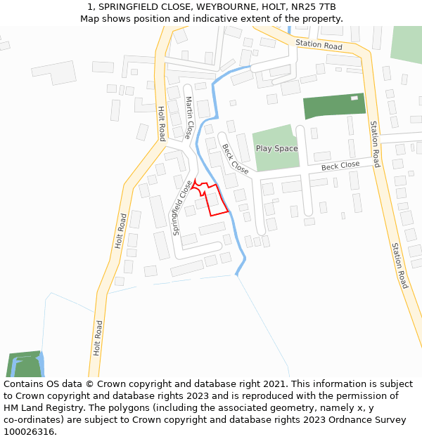 1, SPRINGFIELD CLOSE, WEYBOURNE, HOLT, NR25 7TB: Location map and indicative extent of plot