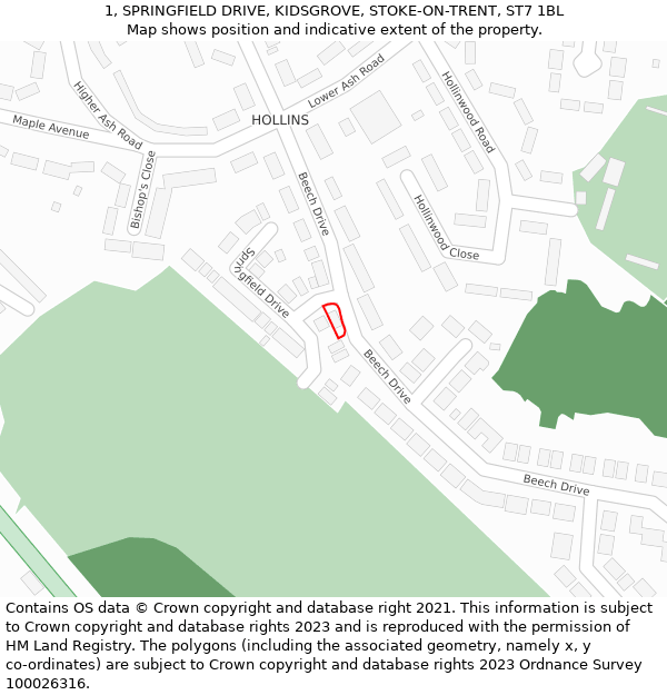 1, SPRINGFIELD DRIVE, KIDSGROVE, STOKE-ON-TRENT, ST7 1BL: Location map and indicative extent of plot