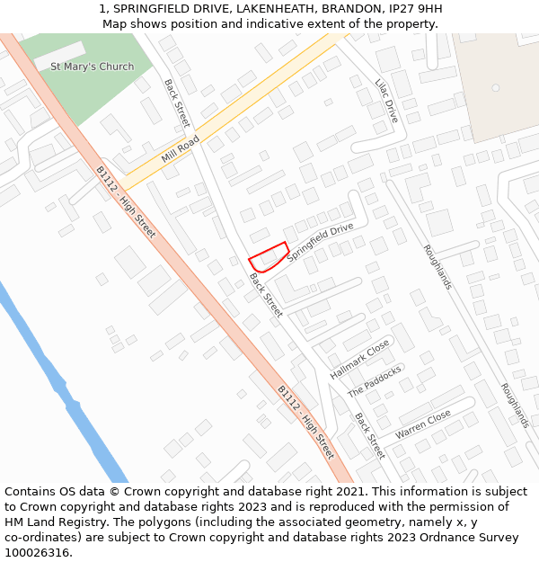 1, SPRINGFIELD DRIVE, LAKENHEATH, BRANDON, IP27 9HH: Location map and indicative extent of plot