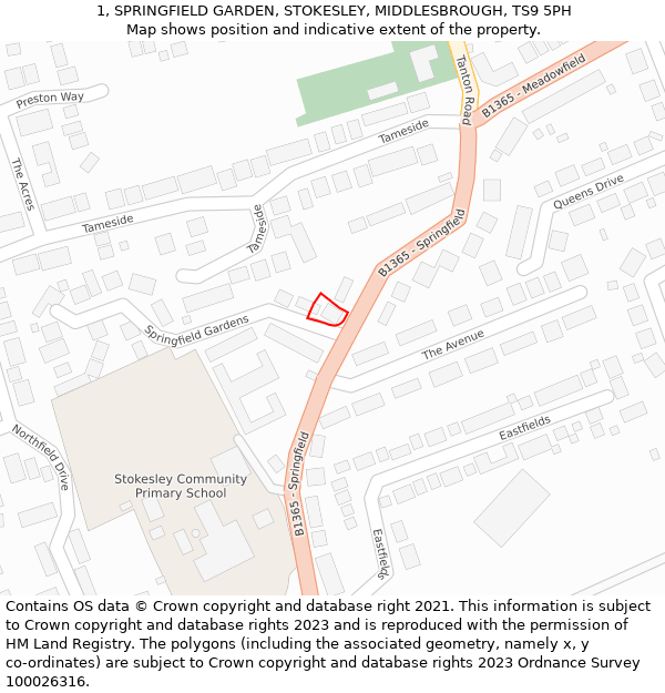 1, SPRINGFIELD GARDEN, STOKESLEY, MIDDLESBROUGH, TS9 5PH: Location map and indicative extent of plot