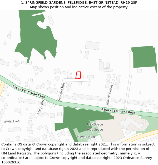 1, SPRINGFIELD GARDENS, FELBRIDGE, EAST GRINSTEAD, RH19 2SP: Location map and indicative extent of plot