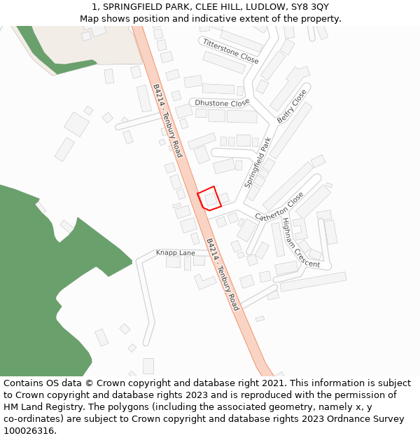 1, SPRINGFIELD PARK, CLEE HILL, LUDLOW, SY8 3QY: Location map and indicative extent of plot