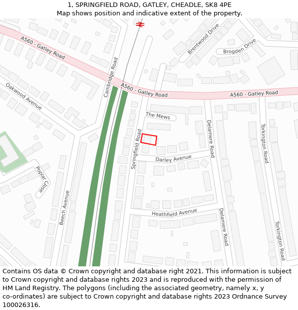 1, SPRINGFIELD ROAD, GATLEY, CHEADLE, SK8 4PE: Location map and indicative extent of plot