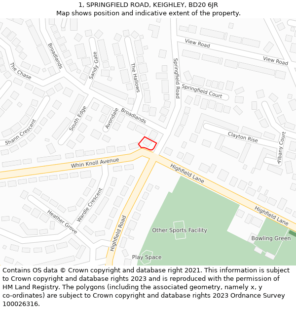1, SPRINGFIELD ROAD, KEIGHLEY, BD20 6JR: Location map and indicative extent of plot