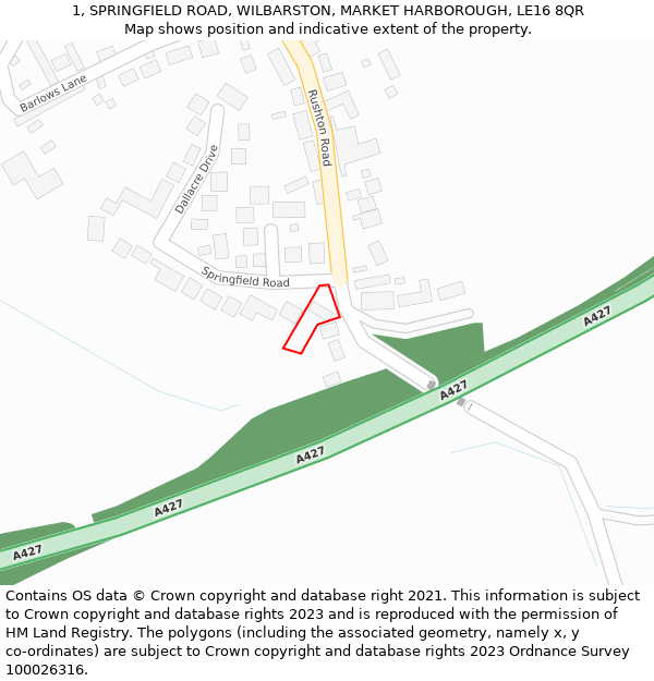 1, SPRINGFIELD ROAD, WILBARSTON, MARKET HARBOROUGH, LE16 8QR: Location map and indicative extent of plot