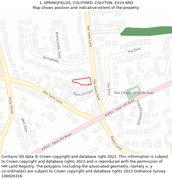 1, SPRINGFIELDS, COLYFORD, COLYTON, EX24 6RD: Location map and indicative extent of plot