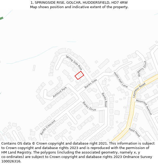 1, SPRINGSIDE RISE, GOLCAR, HUDDERSFIELD, HD7 4RW: Location map and indicative extent of plot