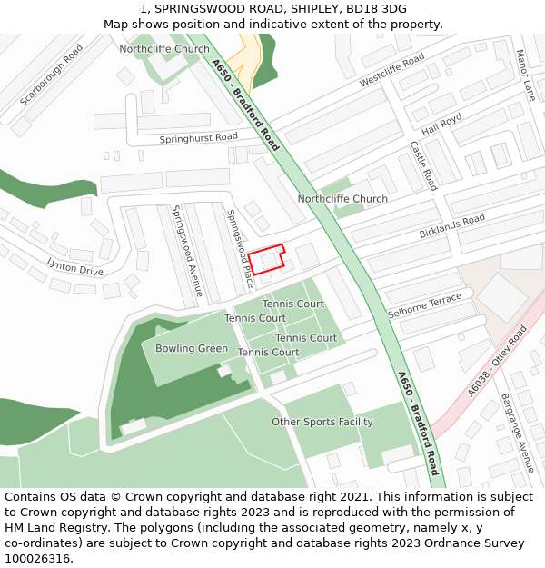 1, SPRINGSWOOD ROAD, SHIPLEY, BD18 3DG: Location map and indicative extent of plot