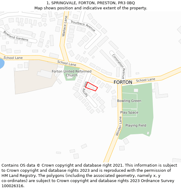 1, SPRINGVALE, FORTON, PRESTON, PR3 0BQ: Location map and indicative extent of plot