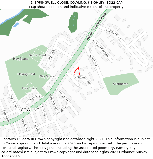 1, SPRINGWELL CLOSE, COWLING, KEIGHLEY, BD22 0AP: Location map and indicative extent of plot