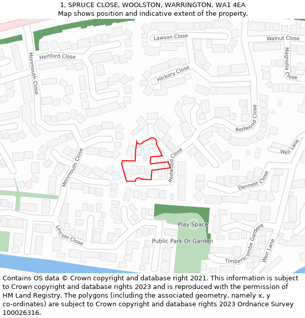 1, SPRUCE CLOSE, WOOLSTON, WARRINGTON, WA1 4EA: Location map and indicative extent of plot