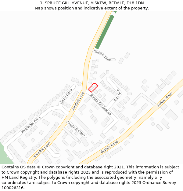 1, SPRUCE GILL AVENUE, AISKEW, BEDALE, DL8 1DN: Location map and indicative extent of plot